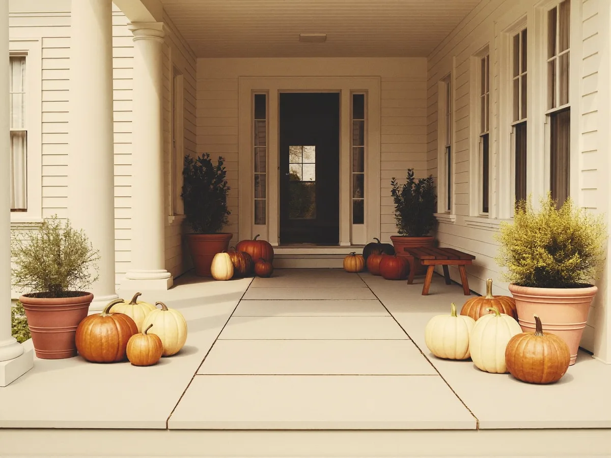 Separated pumpkin and planter groups along the sides of a wide covered porch