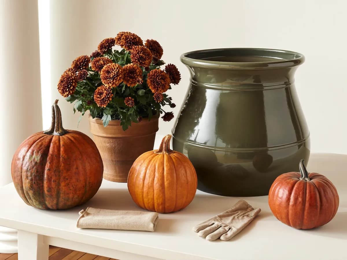 Pumpkins, chrysanthemums, a reusable green planter and gloves arranged on a table